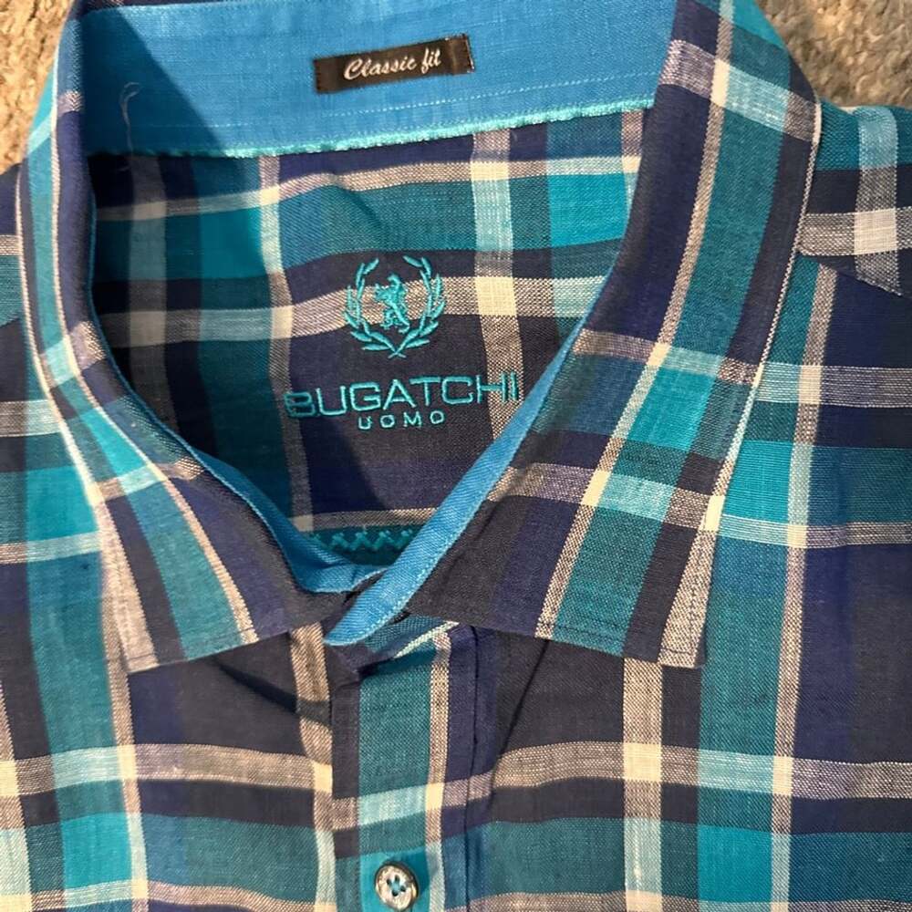 Bugatchi Plaid Short Sleeve Shirt Classic Fit Blue